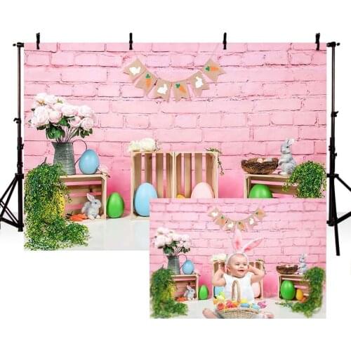 Avezano Backdrops Easter Bunny Egg Spring Pink Brick Wall Flowers Girl Photography Background Photo Studio Photozone Photocall