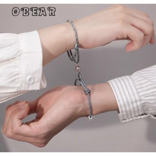 OBEAR 925 Sterling Silver Whale Adjustable Bracelet Women Men Friendship Rope Braided Distance Attracting Each Other Jewelry