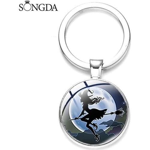 Flying Witch with Broomstick Keychains Art Photo Glass Dome Car Key Chain Metal Holder Key Ring Gothic Jewelry Gift Accessories