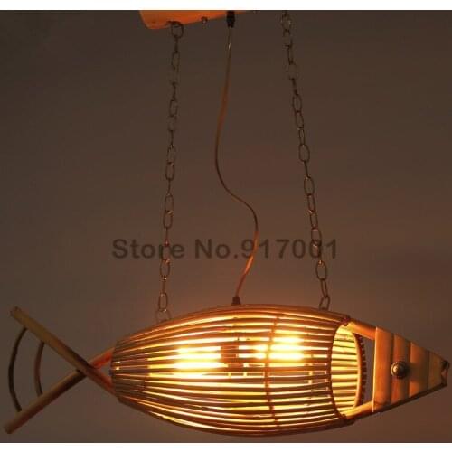 Wood Light Originality Fish Pendant Lamp,Rural Retro Restaurant Cafe Bar Hanging Light Personality Bamboo Weaving Pendant Lights