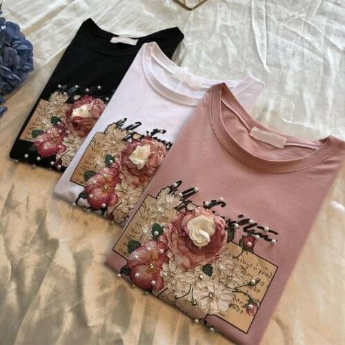 Pearl Appliques 3D Beading Women T Shirts Cotton O Neck Short Sleeve Female Casual Shirt 2020 Summer Fashion Ladies Tops Clothes