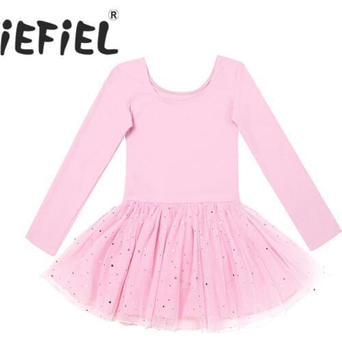 IEFiEL Kid Girls Long Sleeve Shiny Mesh Tulle Tutu Ballet Dance Leotard Dress for Performance Girls Ballet Class Dancewear Dress