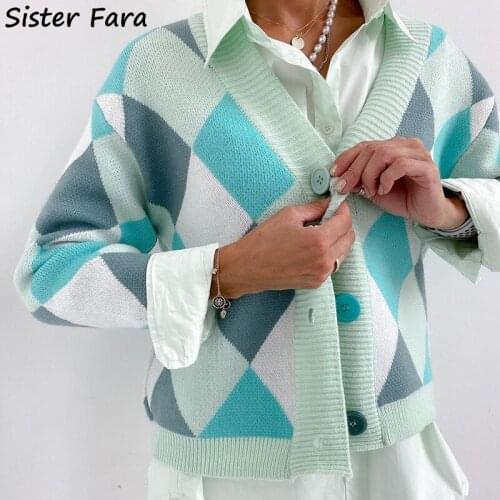 Sister Fara 2021 Winter Oversize Knitted Sweater Women V-neck Plaid Knit Cardigan Sweater Autumn Casual Warm Cardigan for Women