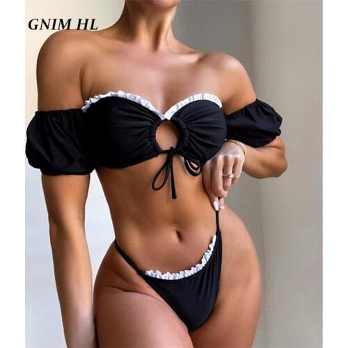 GNIM Sexy Bandeau Swimwear Women Bikini Set 2021 Summer Beachwear 2 Pieces Black Short Sleeve Bandage Swimsuit Push Up Biquini