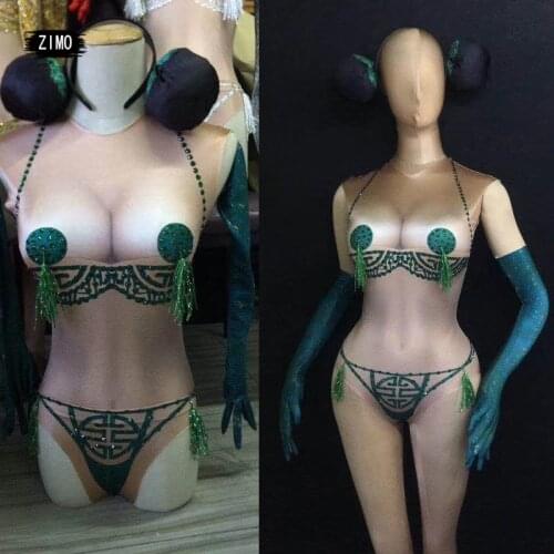 Short romper nude bodysuit Sexy False Perspective Tassel Rhinestone DS Pole Dance stage Women Performance Costume Nightclub Bar