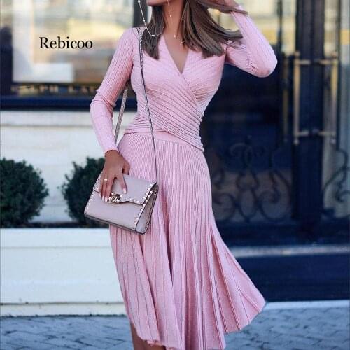 Fashion Designer Pleated Knitted Dress Elegant Women Sweater Winter Dresses Pullovers Black Long Sleeve Autumn Midi Vestido