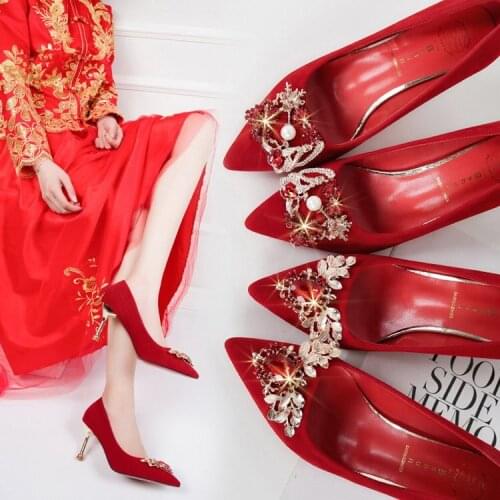 New Red Wedding Pumps Suede High Heels Stiletto Heels Women Shoes Pointed Toe Rhinestone Party Shoes Zapatillas Mujer