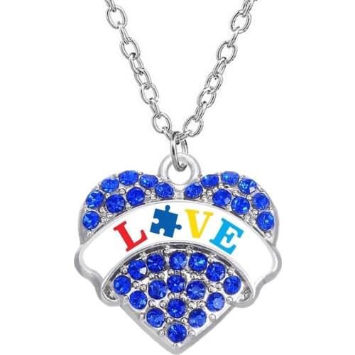New Design Autism Puzzle LOVE Rhinestone Crystal Inlaid Heart Pendant Necklace for autistic Gift Jewelry Necklace