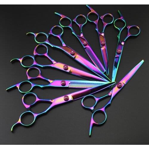 Rainbow 6 / 7 inch Pet grooming bent hair scissors pet Thinning dog grooming shears Cutting barber tools hairdressing scissors