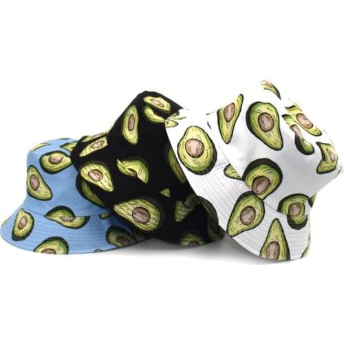 Лето Avocado 2021 Printing Bucket Hat for Women Double-sided Panama Beach Fishing Travel Summer Womens Cap Bucket Hats 055