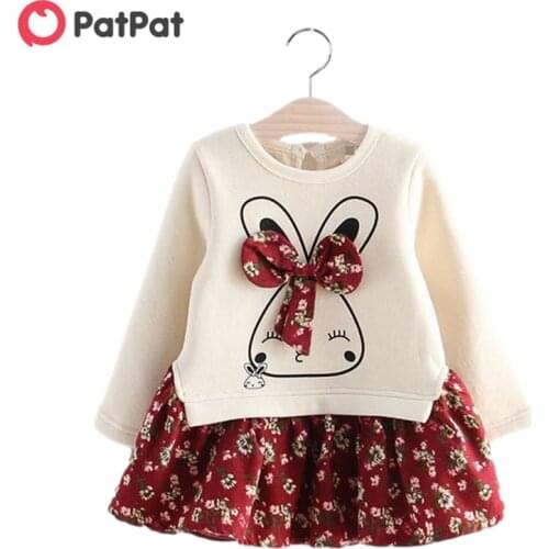 PatPat 2021 New Arrival Autumn and Winter Spring Baby Toddler Faux-two Bunny Print Floral Dresses for Kids Girls Kids Clothing
