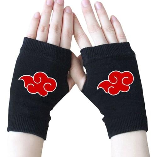 Janpanese Half Finger Gloves for Women Men Anime Cosplay Knitted Cotton Fingerless Gloves Sharingan Red Cloud Konoha Logo