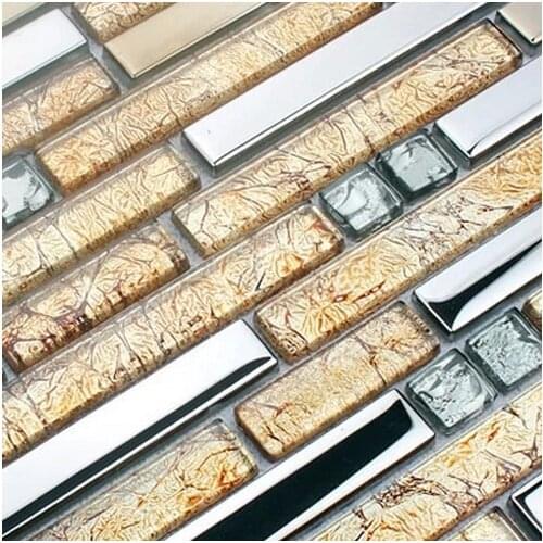 Strip stainless steel mixed electroplating glass tiles for kitchen glass backsplash tile bathroom shower tile