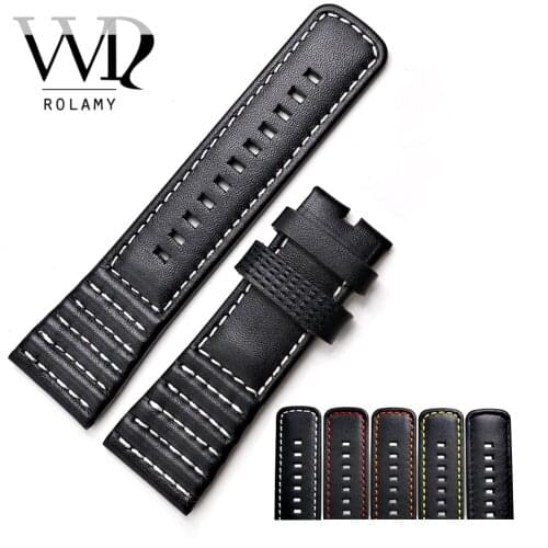 Rolamy 28mm Wholesale Real Leather With Black White Orange Red Yellow Stitches Wrist Watch Band Strap Belt