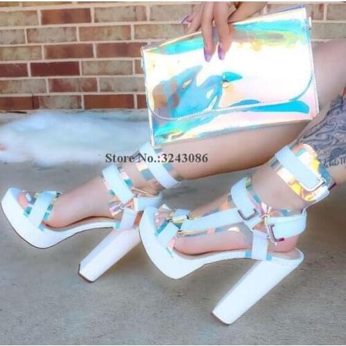 Lady New Chunky Heel PVC Platform Sandals Shoes Women Sexy Design Metal Decor Straps Dress High Heel Sandals Yellow Color Shoes
