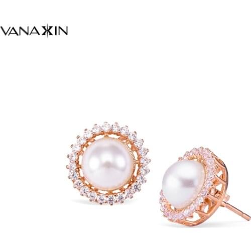 Earring Fashion Jewelry Rose Gold Fresh Water Pearl Shiny AAA Cubic Zircon Stud Earrings For Women Charms Korean Earings