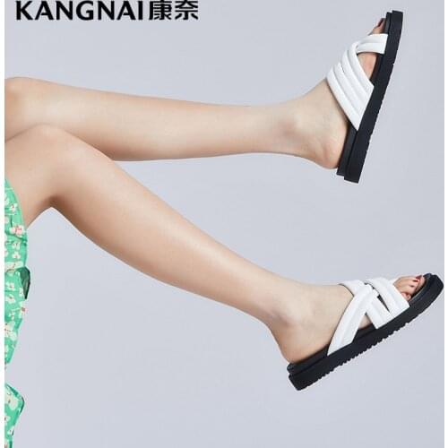 KANGNAI Slippers Women Cow Leather Cross Band Open Toe Slides Outside Flats Casual Summer Ladies Shoes