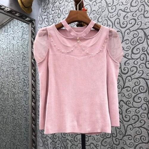 High Quality Sweaters 2021 Autumn Winter Fashion Pink Jumpers Women Lace Beading Deco Long Sleeve Casual Knitted Sweaters Pull