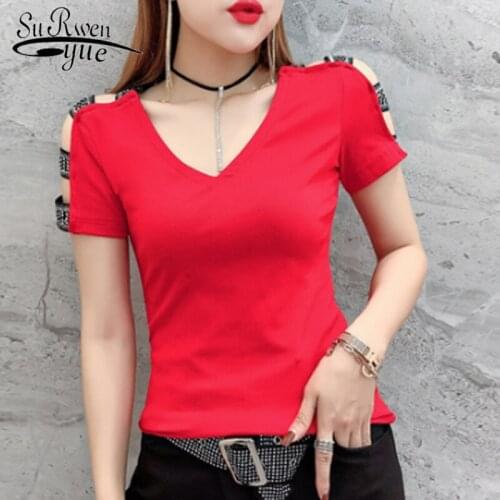 Sexy Short Sleeve Women Tops shirt Cool Summer Women Clothing Fashion V-neck shirt black red top off shoulder top 4457 50