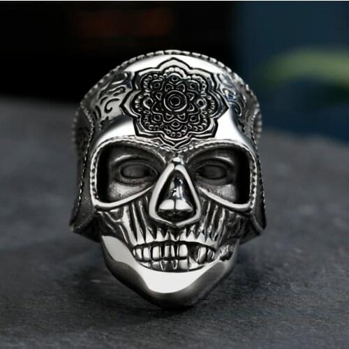 Unique Silver Color 316L Stainless Steel Heavy Sugar Skull Ring Mens Mandala Flower Santa Muerte Biker Jewelry OSR429