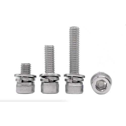50pcs M2 M2.5 M3 M4 Stainless Steel Cylinder Head Hex Socket Screws 3-in-1 Combination Screw Three set screw with washers