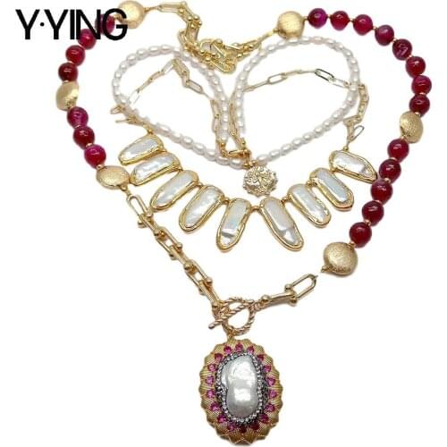 Y·YING natural Cultured White Biwa Pearl Rice Pearl Agates Keshi Pearl Pendant statement Necklace Earrings Set for women