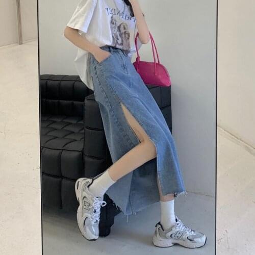 Slim Split fork Denim slit skirt mid Summer 2021 Long Skirts Vintage High Waist denim Skirt Blue Womens A line Skirts 533C