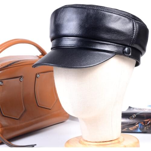Womens Mens Big Lip Cap Real leather Black Military Newsboy Army Flat Hat/Cap