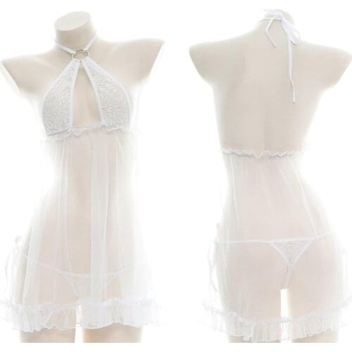 Lolita Fairy Sexy Translucent Nets Yarn Open chest Nightdress Women Girl Halter Neck Backless Homewear Maid Outfit Pajamas