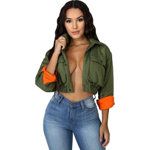 Echoine Army Green Ruched Bomber Jackets Long Sleeve Cropped Coat With Front Pockets Women Vintage Winter Clothes Sexy Crop Top