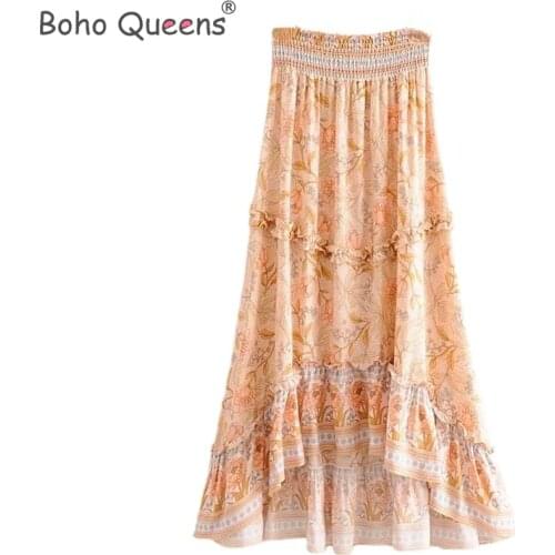 Boho Queens fashion Vintage women beach Bohemian floral Peacock print skirt High Elastic Waist Maxi A-Line Skirt Femme