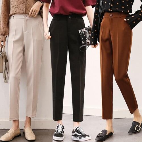 Women Pants 2019 Autumn Elastic High Waist Harem Pants Casual Black Beige Caramel Elegant Pencil Pants Ankle-length Pants R447