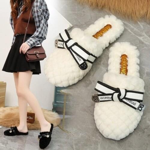 Women Slippers Faux Fur Memory Foam Cute Bow-Knot Flat Warm winter Plus Size Female Comfort Ladies Hairy Skin-Friendly