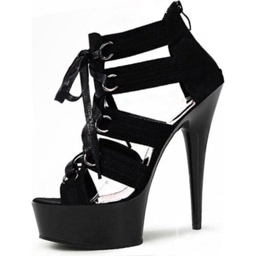 New Women stiletto Open Toed Flock 15-17CM Thin High Heels Lace Up sandals waterproof Dress Party Wedding women shoes 2020 Black