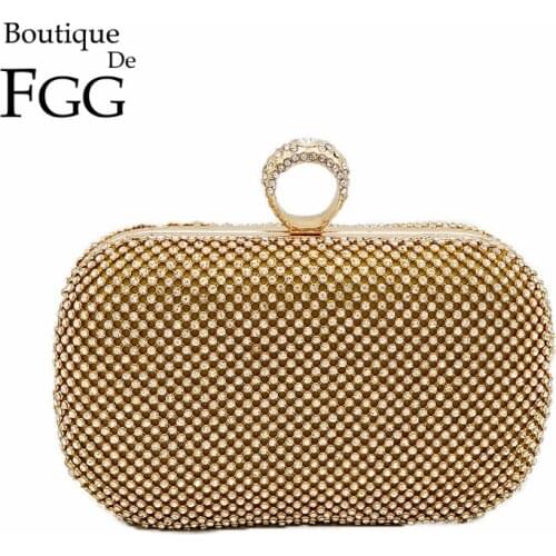 Boutique De FGG Dazzling Women Crystal Clutch Bags Knuckle-Box Finger Ring Evening Purse Party Dinner Rhinestone Handbag