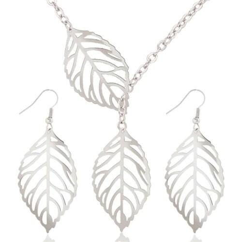Fashion Brand DesignerElegant OL Leaves Hook Hollow Dangle Drop Earrings Necklace Jewelry Sets for Woman Free Shipping
