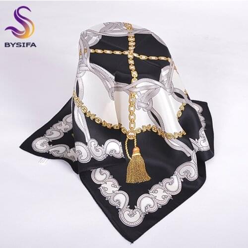 [BYSIFA] Genuine Silk Black White Silk Scarf Women Spring Autumn Summer Brand Elegant Neck Small Square Scarves Thicken 55*55cm