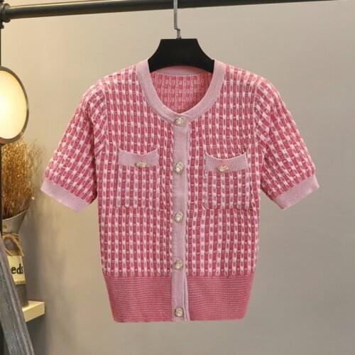 Ice Silk Knitted Sweater Cardigan Women Summer O-neck Short Sleeve Buttons Tops Female Knit Outwear Clothing Elegant Design