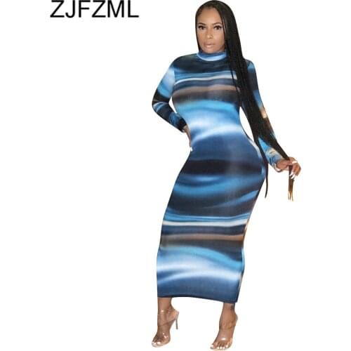 Tie Dye Striped Print Autumn Club Party Dress Women Elegant Mock Neck Full Sleeve Maxi Long Dress Sexy High Waist Bandage Dress