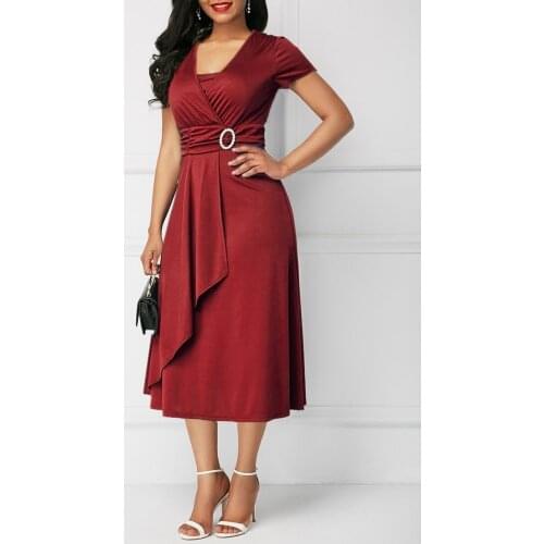 Dress Casual Plus Size S-5Xl Women High Waist Plain Asymmetric Midi Dress Elegant Fashion Ol Short Sleeve Party