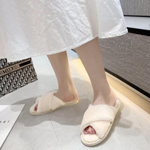 Winter Women House Slippers Faux Fur Fashion Warm Shoes Slip on Flats Female Slides Black Pink cozy home furry slippers FS005