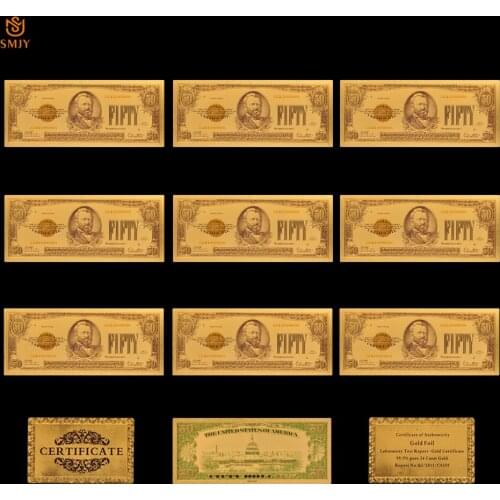 10Pcs/Lot New Product 2018 USA Gold Plated Banknotes 50 Dollars Money Fake Banknote Paper Home Decoration Gift Collection