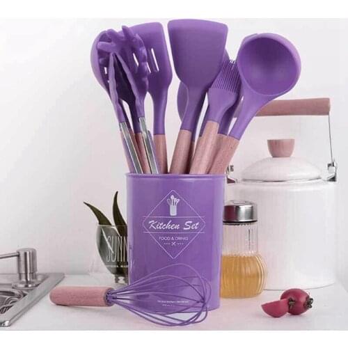 12Pcs/Set Silicone Wood Turner Soup Spoon Spatula Brush Scraper Pasta Server Egg Beater Kitchen Cooking Tools Kitchenware Set