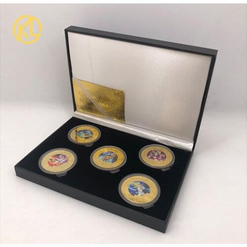 5pcs Saint Seiya Gold Plated Coins Collectibles with Nice Box Japanese Challenge Anime Coins Gift Set
