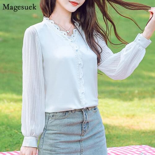 Fashion Long Sleeve Womens Blouse Elegant Spliced Lace Chiffon Blouse Women 2021 Solid V-Neck Pullover White Shirt Women 11134