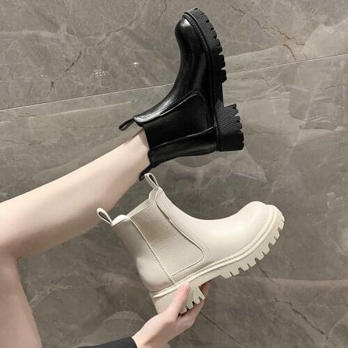 Beige Soft Leather Ankle Boots Women Round Toe Thick Bottom Real Leather Chelsea Boots Woman Fashion Boots Flat Shoes Women