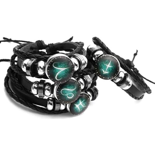 Charm Luminous 12 Constellations Leather Bracelet Zodiac Sign with Beads Bangle Bracelets For Men Glow in the Darkness Jewelry