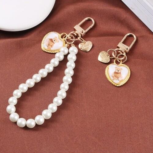 New Imitation Pearl Cute Bear Alloy Keychain Metal Heart Charm Keyring Women Couple Bag Airpods Pendant Key Chains