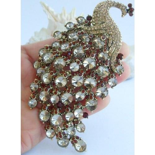 4.33" Brown Rhinestone Crystal Peacock Animal Brooch Pin Pendant EE05651C7