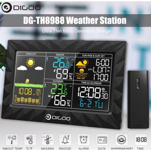 DIGOO DG-TH8988 LCD Color Weather Station + Outdoor Remote Sensor Thermometer Humidity Snooze Clock Sunrise Sunset Calendar